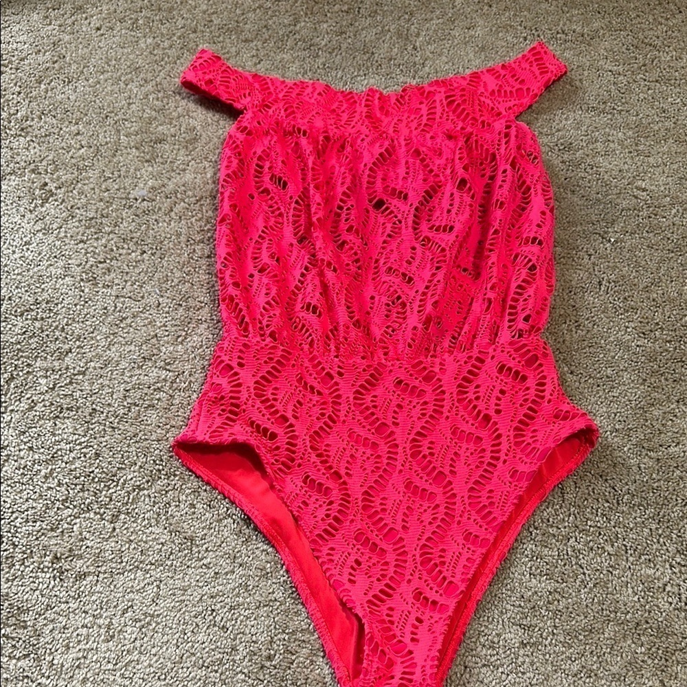 Aerie Red Crochet One Piece Swimsuit Medium